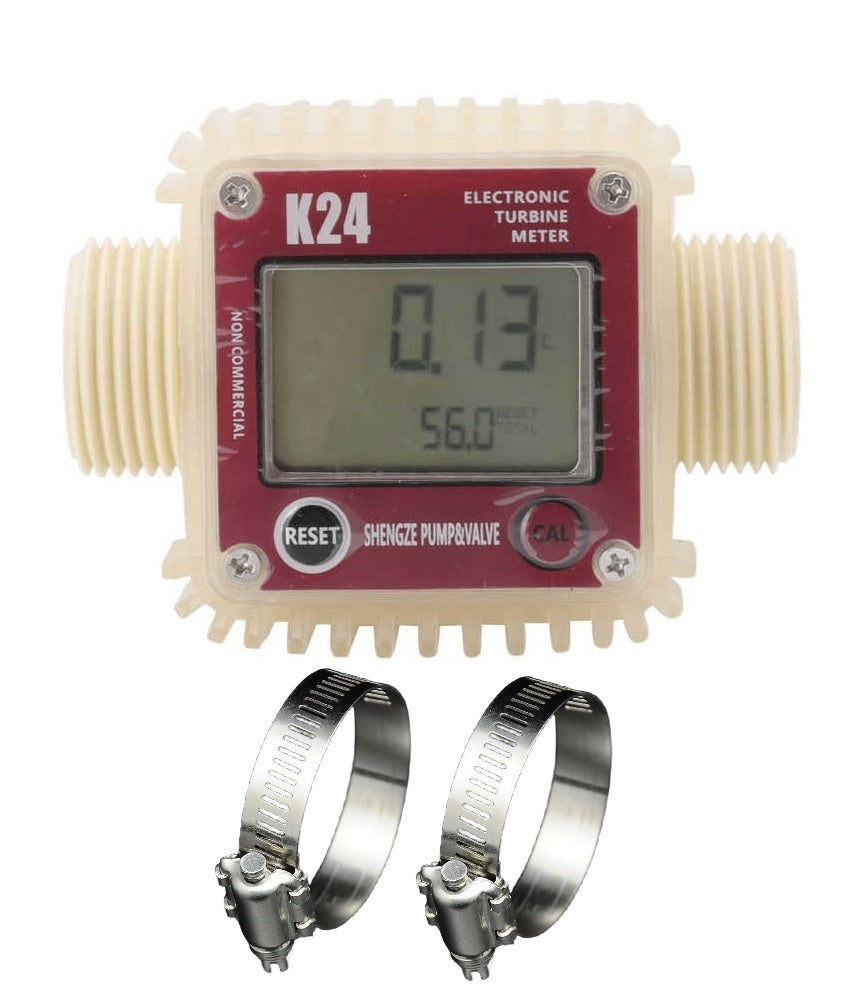 1" BSP Genuine K24 Flow meter with battery for Water, Milk, Petrol, Diesel etc with 2 SS304 clamps