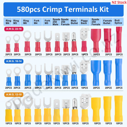580pcs crimp terminals Butt Bullet Spade Fork Ring Piggy Back Wire Connectors Kit