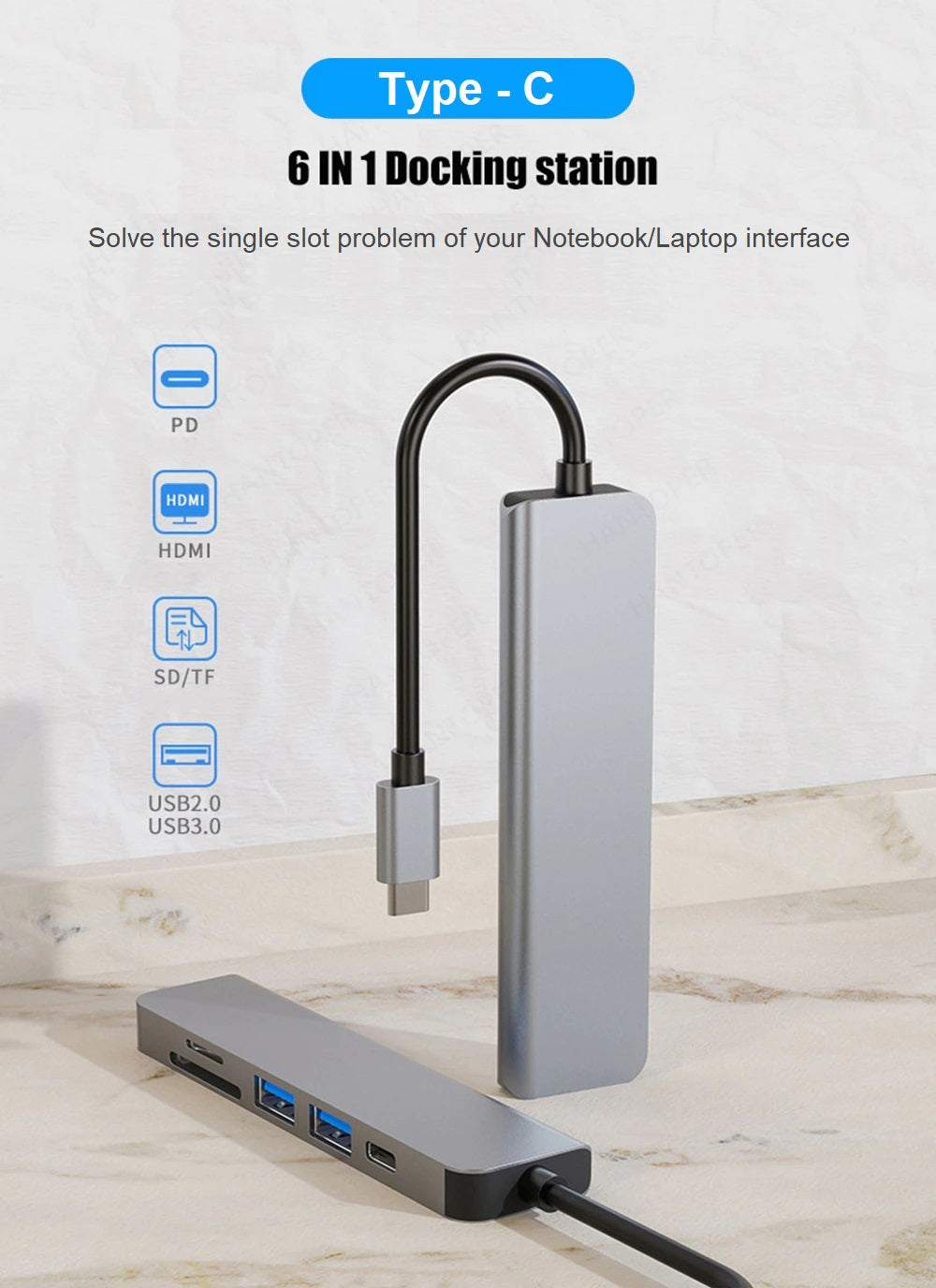 6 In 1 Type C Adapter docking station Type C Hub to HDMI USB 3.0 TF SD PD