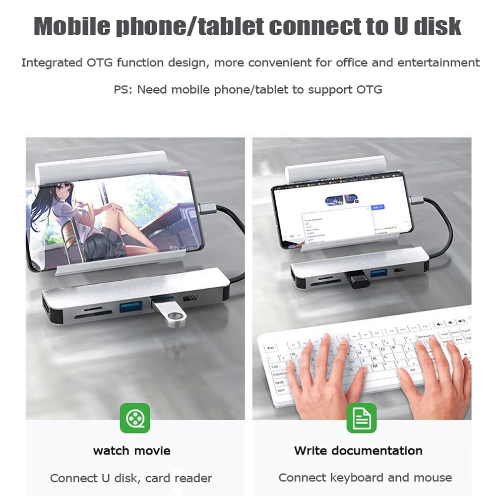 6 In 1 Type C Adapter docking station Type C Hub to HDMI USB 3.0 TF SD PD