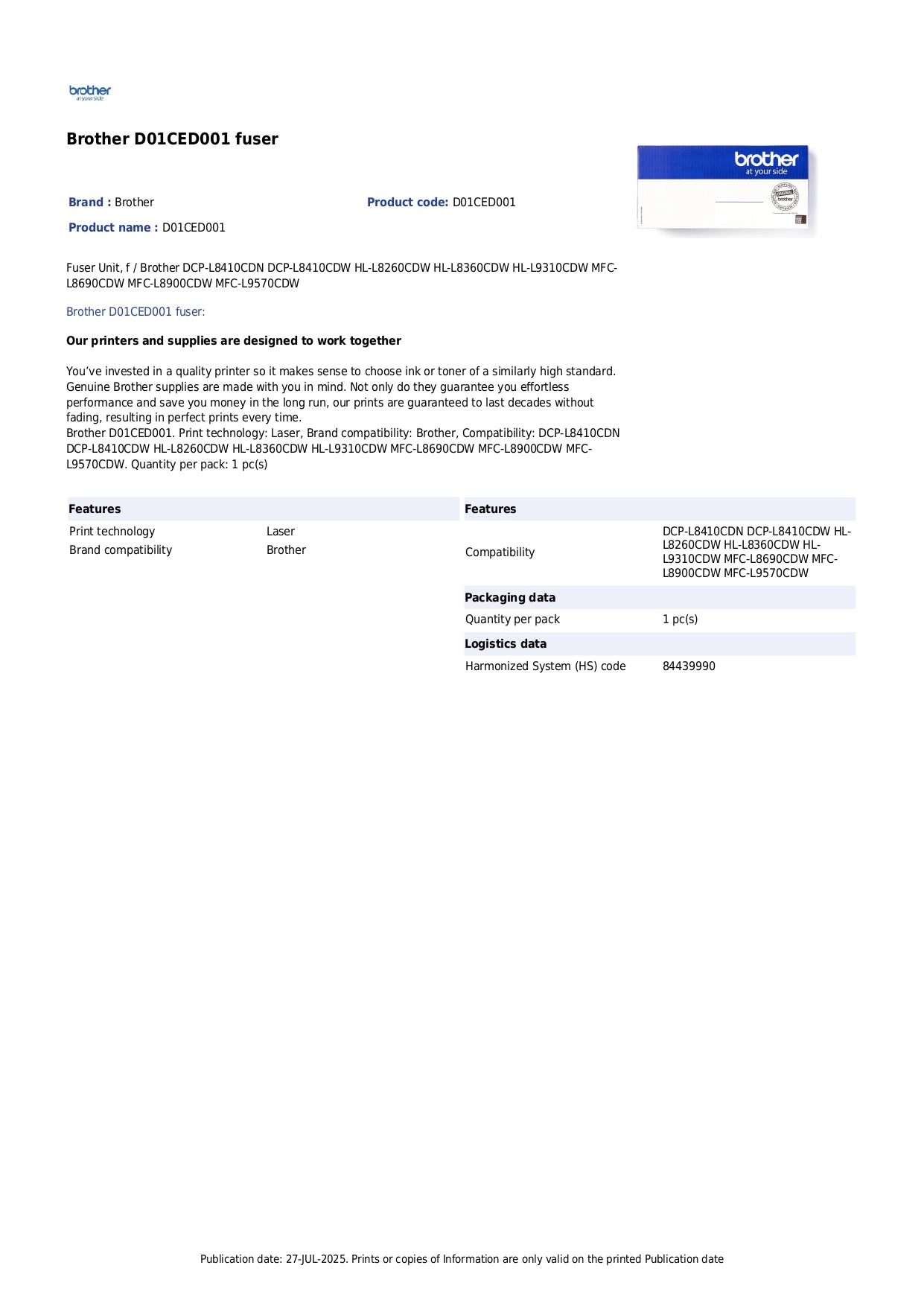 Brother D01CED001, Fuser Unit, DCP-L8260, L8410, MFC-L9310, L8690- Original