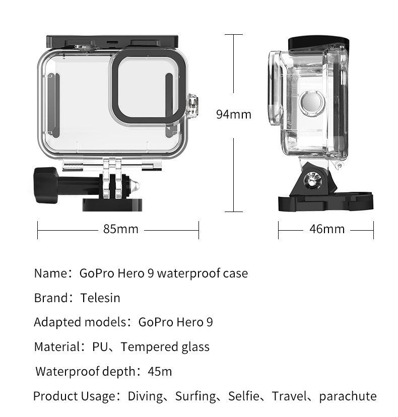 Telesin Brand GoPro 45m waterproof protective housing case for Hero 9/10/11/12/13 black