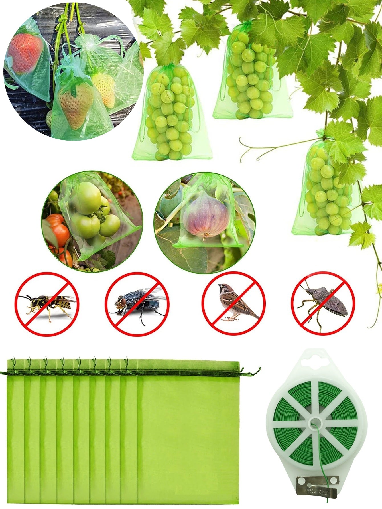 30 Pack Fruit Protection Bags 20x30cm + 20m Garden Twist Tie with Cutter – Reusable Anti-Bird & Pest Control Mesh Bags for Grapes Strawberries Figs with Plant Tying Wire for Gardening