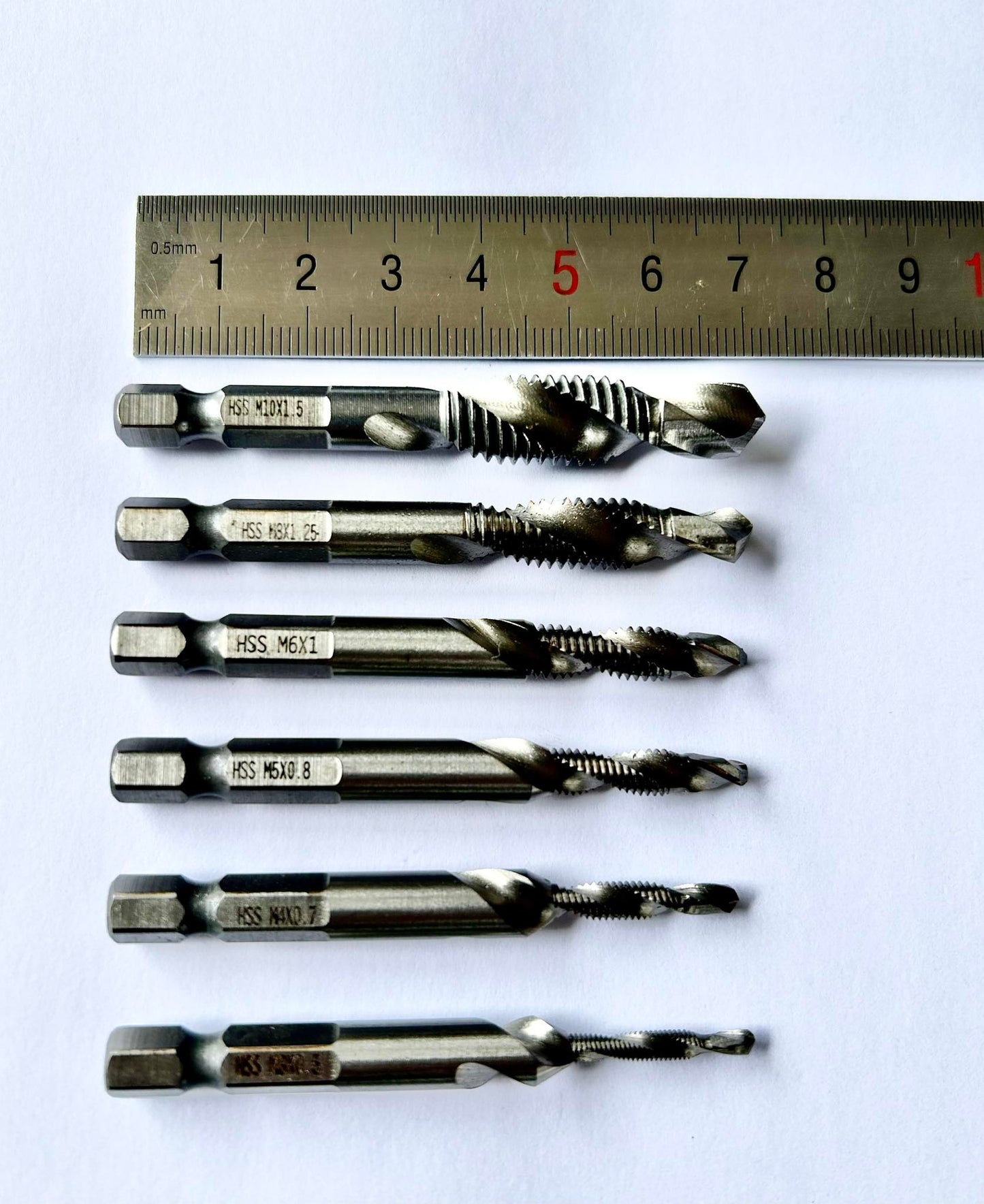 3mm ~ 10mm Metric HSS Thread Tap & Drill Set with 1/4" hex shank Thread & Deburr