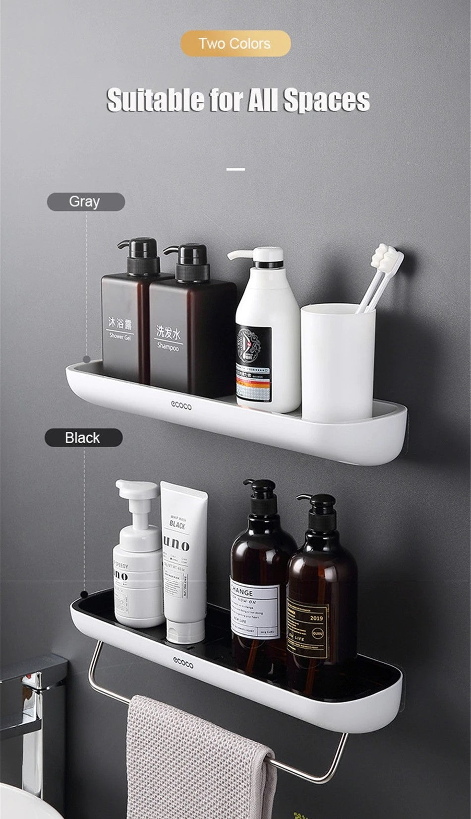 Wall mount Drill-Free Kitchen Bathroom Storage Rack - Grey