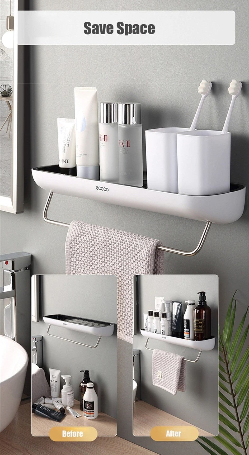 Wall mount Drill-Free Kitchen Bathroom Storage Rack - Grey