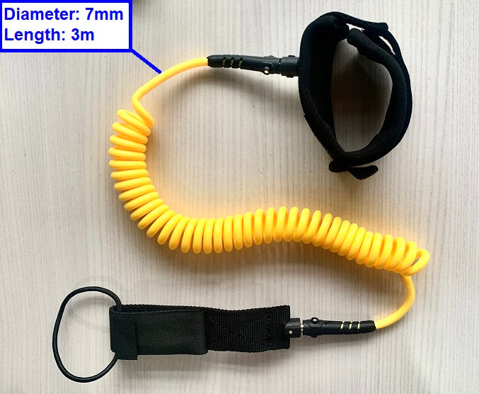 3m/10feet long 7mm diameter SUP Leash Coiled Ankle Leash - Black/Yellow