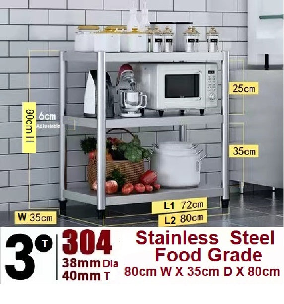 3 Tier Food Grade Stainless Steel 304 Storage Rack Shelves 0.8m