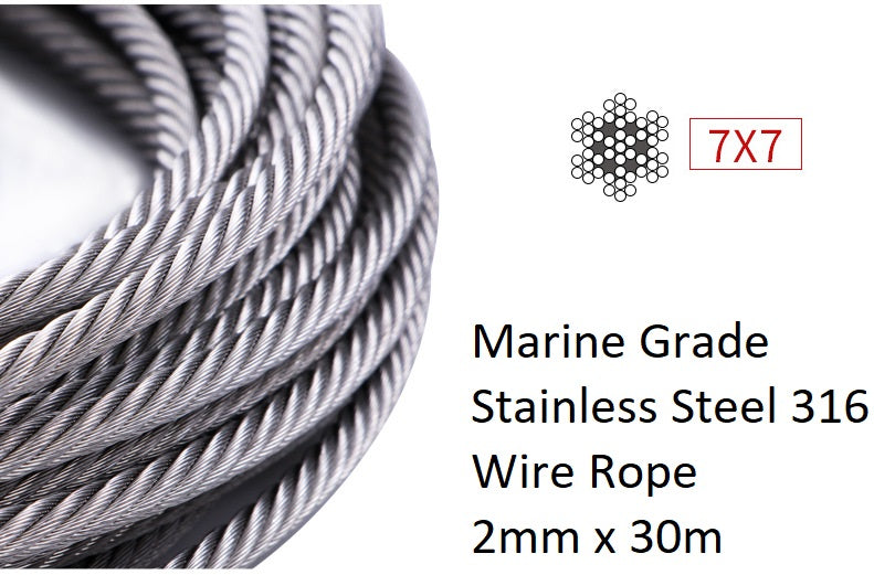 2mm x 30m Marine Grade Stainless Steel 316 Wire Rope