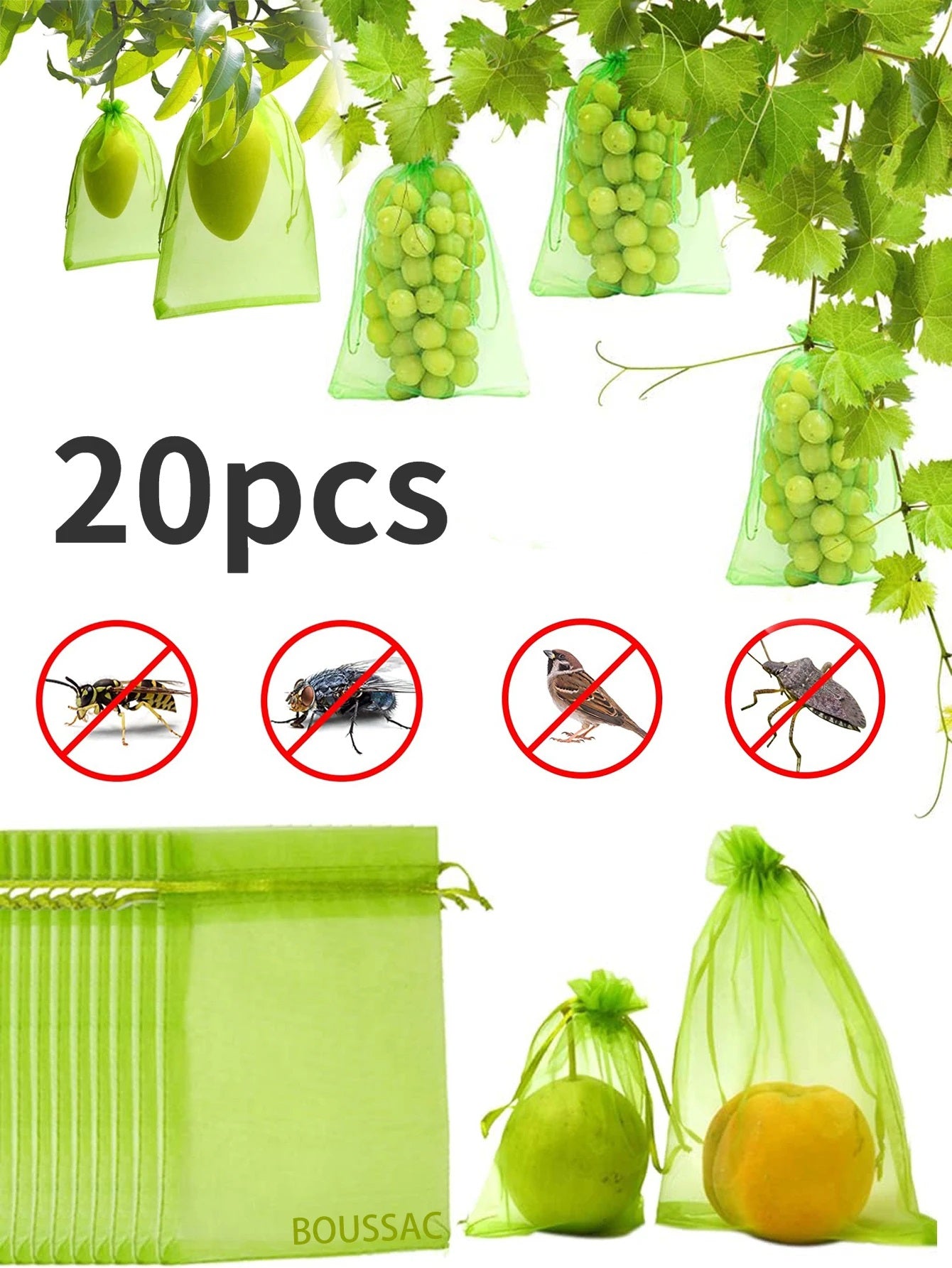 20pcs Fruit Protection Bags Anti-Bird Netting Strawberry Figs Grapes Mesh Bag