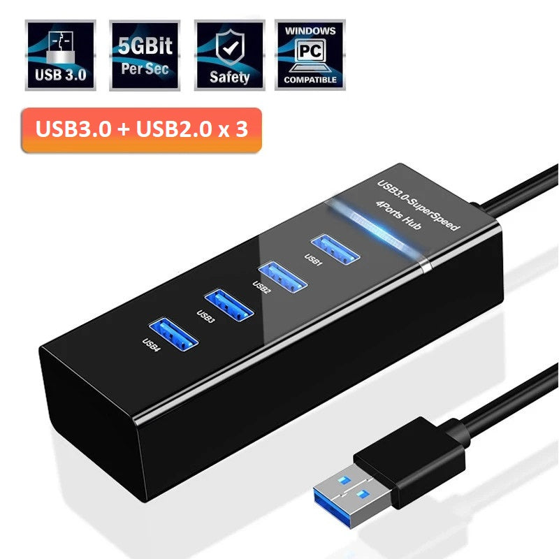 4 Ports USB3.0 Hub High Speed Multi USB Splitter Adapter OTG 30cm