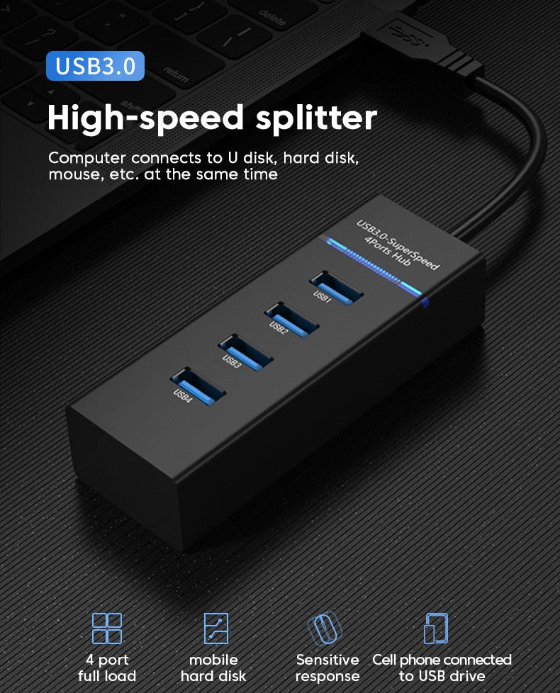4 Ports USB3.0 Hub High Speed Multi USB Splitter Adapter OTG 30cm