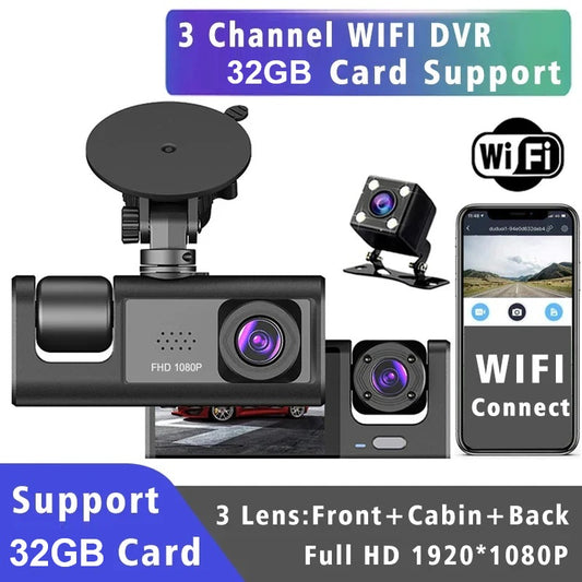 3 Channel WiFi Dash Cam 1080P Front Inside Rear Car DVR Recorder with SD Card