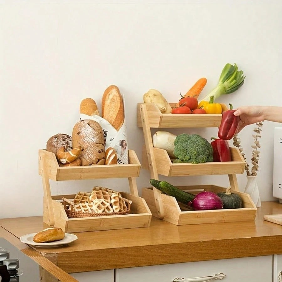 Bamboo Fruit Vegetable Basket 2/3 Tier Kitchen Storage Rack Organiser
