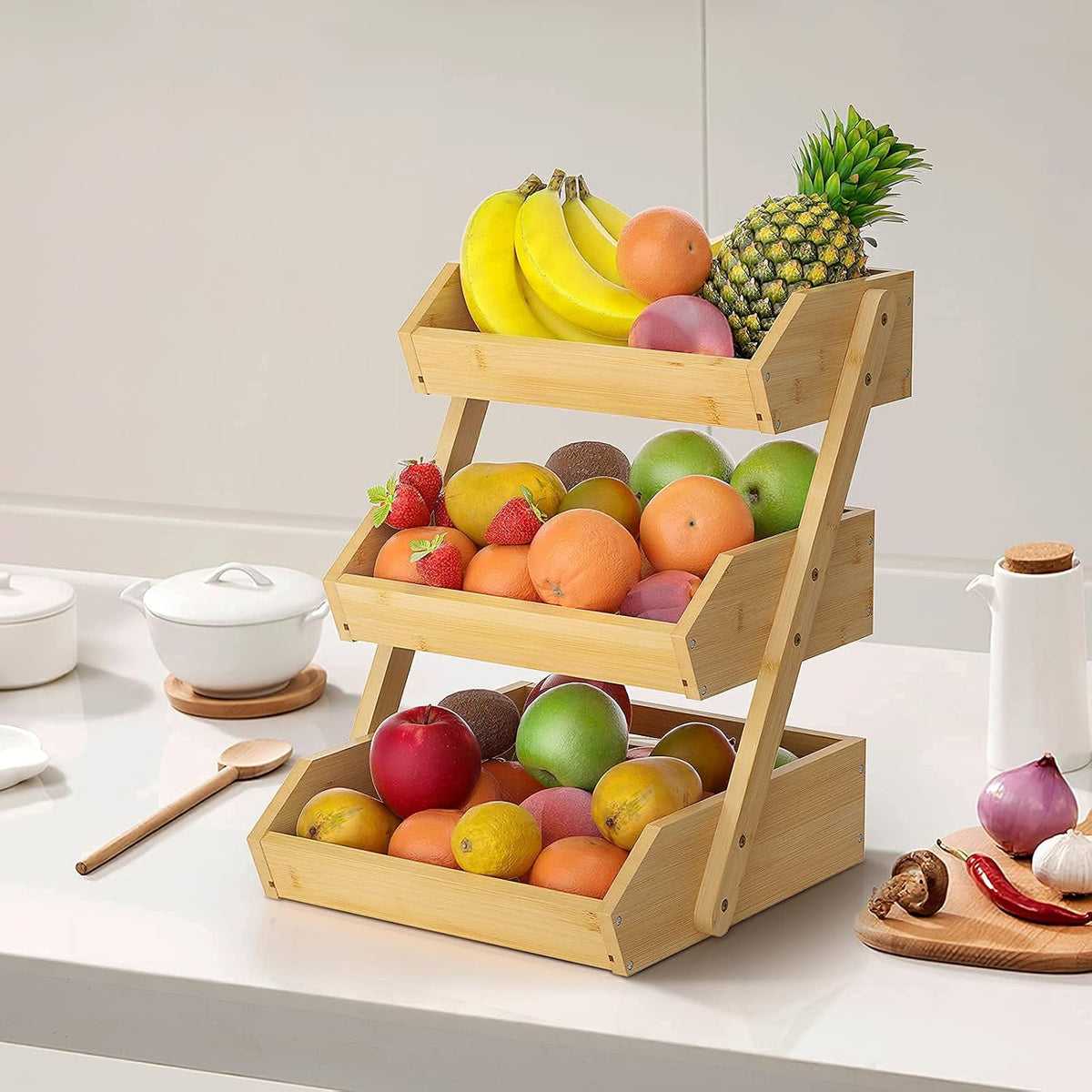 Bamboo Fruit Vegetable Basket 2/3 Tier Kitchen Storage Rack Organiser