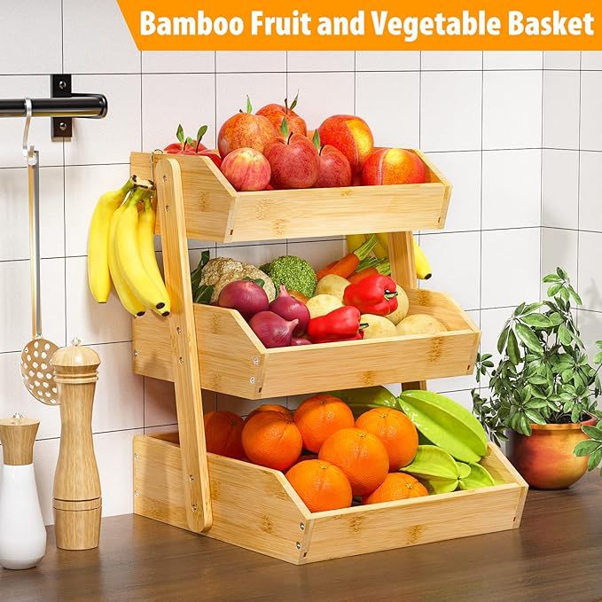 Bamboo Fruit Vegetable Basket 2/3 Tier Kitchen Storage Rack Organiser
