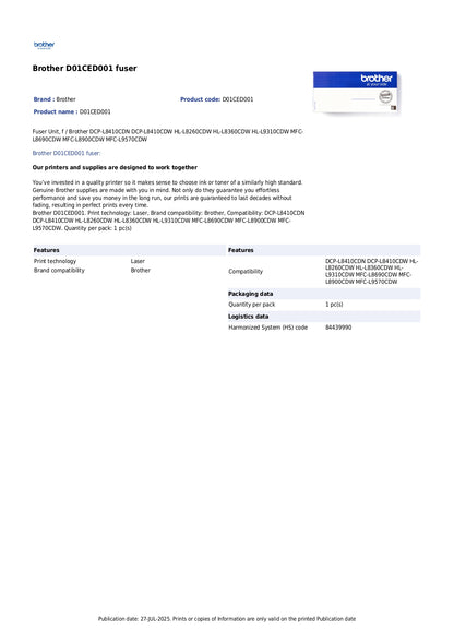 Brother D01CED001, Fuser Unit, DCP-L8260, L8410, MFC-L9310, L8690- Original