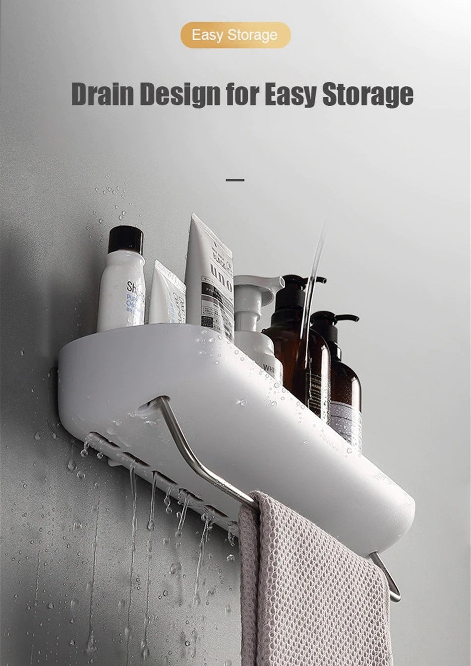 Wall mount Drill-Free Kitchen Bathroom Storage Rack - Grey