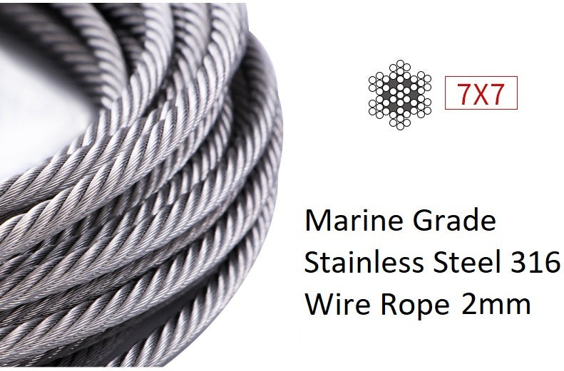 2mm Marine Grade Stainless Steel 316 Wire Rope - Per meter