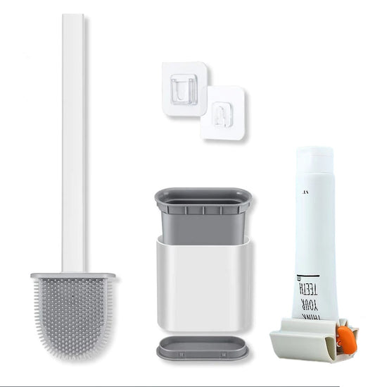 Soft Head Silicone Wall Mount Toilet Brush + Toothpaste Squeezer